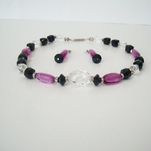Necklace & Earrings Set Purple-Pink, Clear and Black Beads Diamante Spacers - Picture 8 of 9